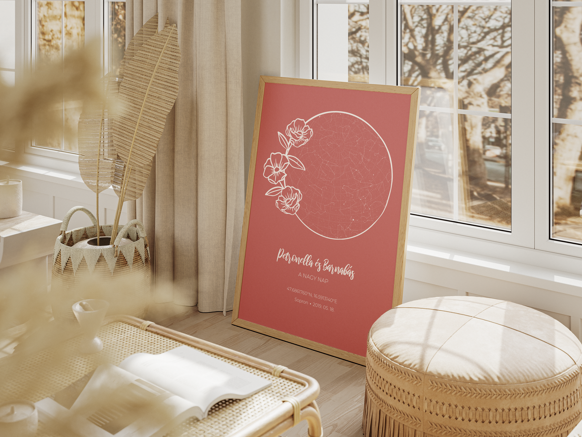 Rose Gold Elegancia Virágos Koszorú Színes Csillagtérkép Poszter - Személyre szabható